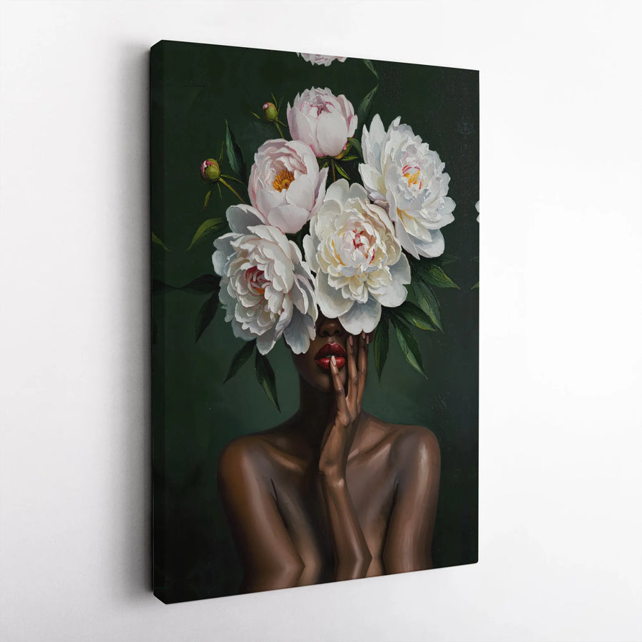 Black Woman Peony Portrait Canvas Print | Abstract Botanical Flower Face Art | Premium Gallery Wrapped Decor | Gift for Her Living Room