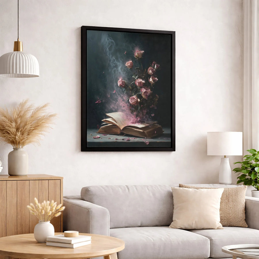 Enchanted Book With Pink Roses Canvas | Surreal Floral Wall Art | Gallery-Quality Fade-Resistant Print | Magical Home Decor Gift for Book Lovers