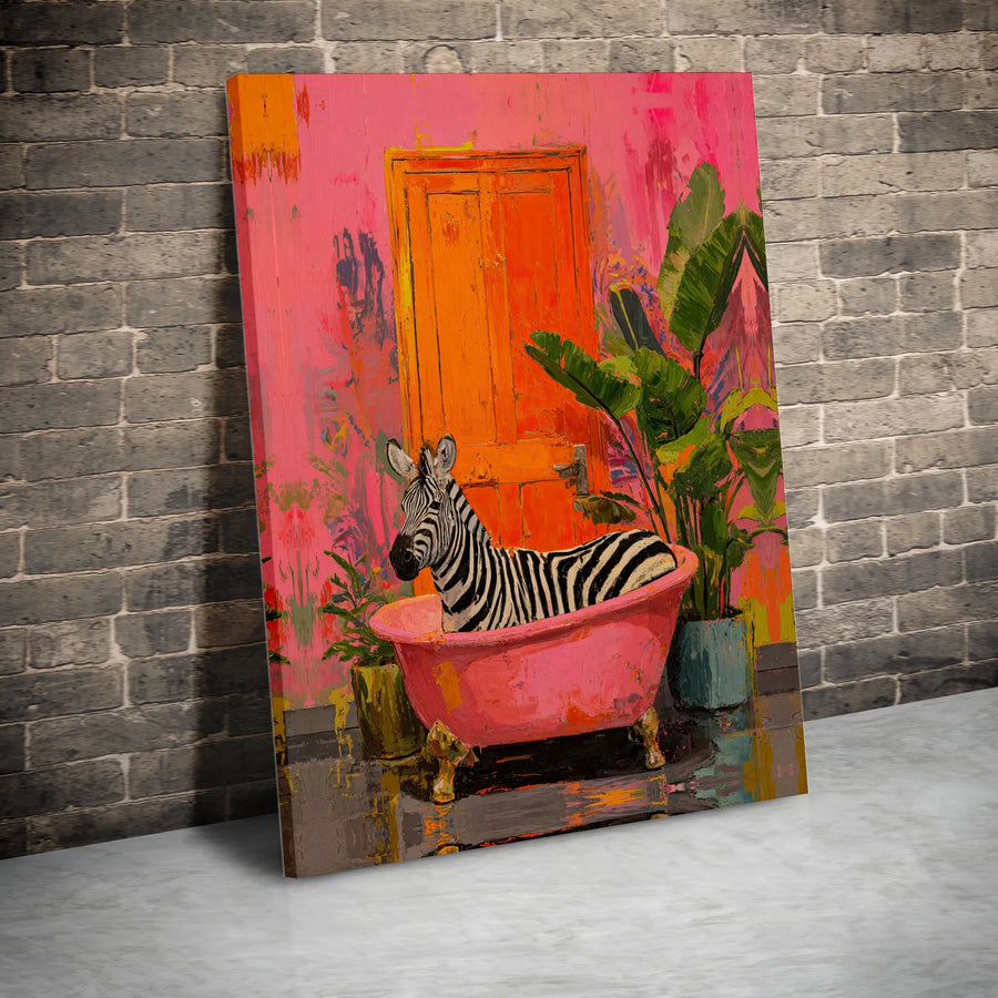 Surreal Zebra Canvas Print | Colorful Animal in Pink Tub Art | Premium Gallery Wrapped Canvas | Eclectic Bathroom Wall Decor Gift