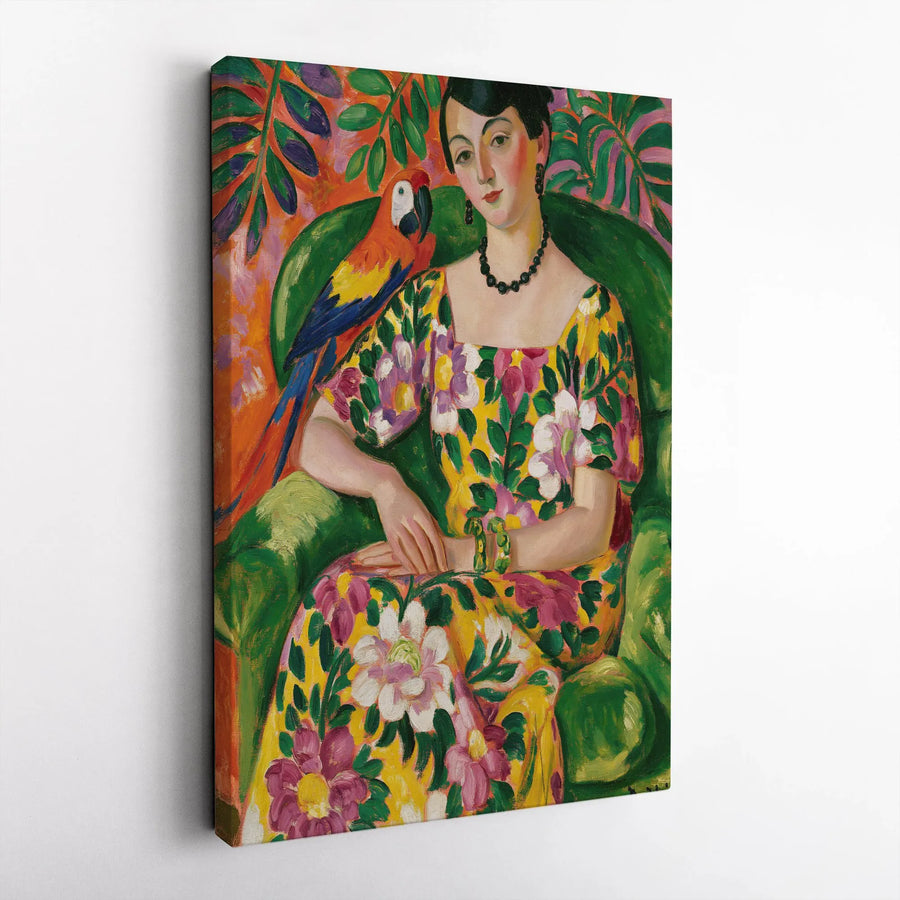 Vintage Expressionist Portrait Vertical Canvas | August Macke Woman with Parrot Painting | Premium 1.25 In Gallery Wrap | Elegant Fine Art Gift for Living Room Decor