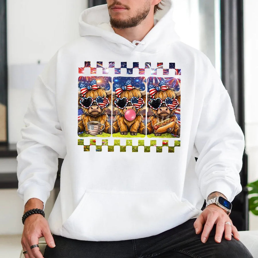 4th of July Highland Cow Hoodie | Patriotic American Flag Cow Graphic | Premium Soft Hoodie | Independence Day Gift for Cow Lovers
