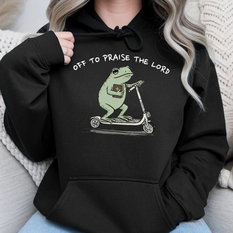 Christian Hoodie | Funny Frog Praising The Lord Design | Premium Cotton-Blend | Religious Gift For Bible Study Lovers