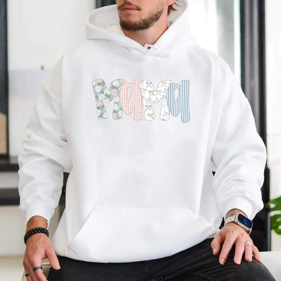 Floral Preppy Mama Hoodie | Coquette Patchwork Graphic Tee | Soft Cotton Classic Fit | Gift for New Mom on Mother's Day
