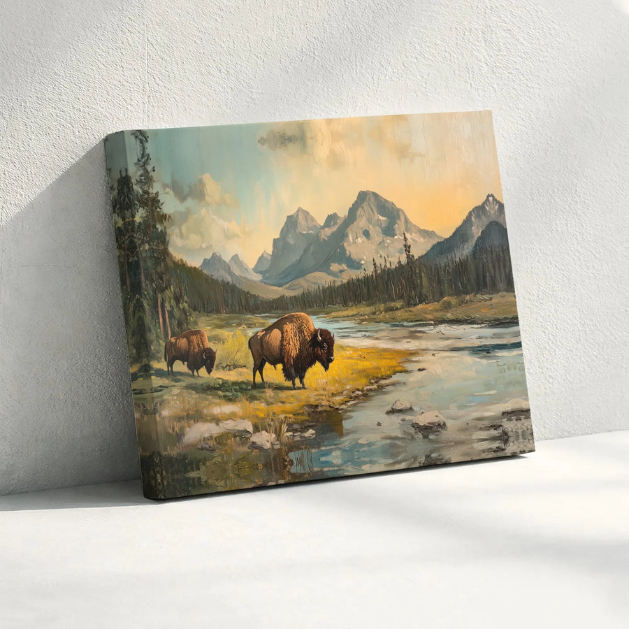 Bison Mountain Landscape Canvas | Vintage Western Painting Wall Art | Premium Gallery Quality Print | Rustic Cabin & Lodge Decor Gift