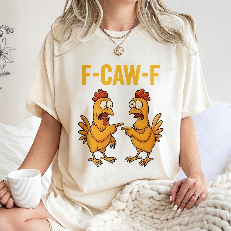 F-CAW-F Funny Chicken T-Shirt | Cartoon Roosters Pointing Meme Graphic | 100% Cotton Unisex Tee | Sarcastic Poultry Gift for Chicken Farmers