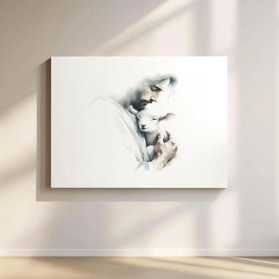 Jesus Holding A Lamb Wall Art | Soft Watercolor Religious Painting | Gallery-Wrapped Canvas Print | Christian Home Decor Gift