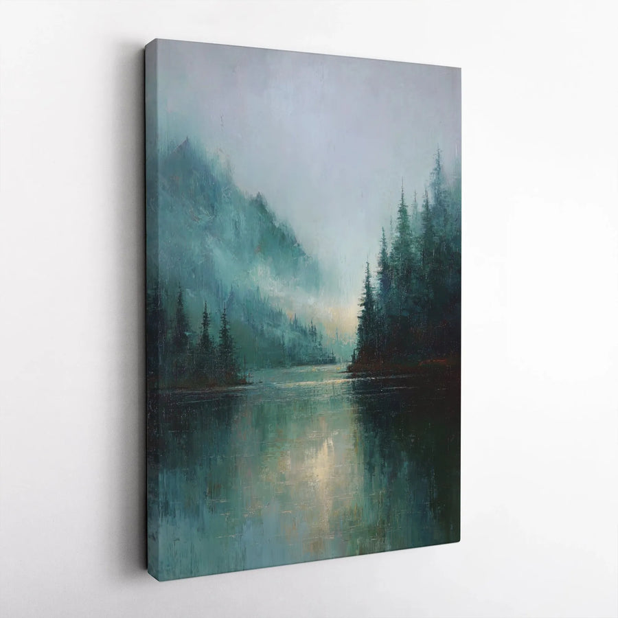 Misty Mountain Lake Canvas Wall Art | Pine Forest Reflection Print | Gallery Quality 1.25" Thick Frame | Modern Nature Home Decor Gift