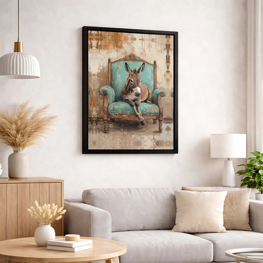 Donkey Wall Art | Whimsical Animal Portrait on Vintage Teal Chair | Premium Gallery Canvas | Farmhouse Home Decor & Unique Gift