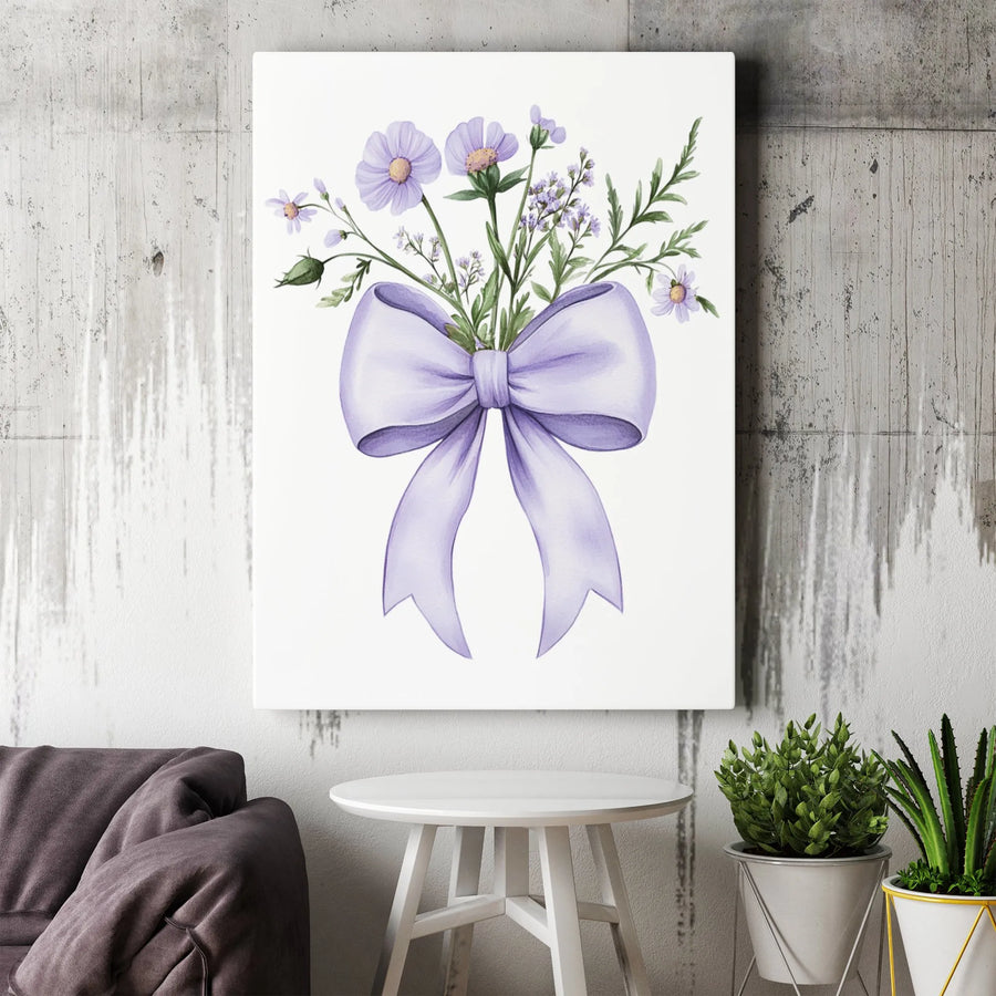 Watercolor Purple Wildflower Canvas Art | Floral Bouquet With Elegant Lavender Bow | Gallery Quality 1.25 Inch Wrap | Nature Inspired Home Decor Gift