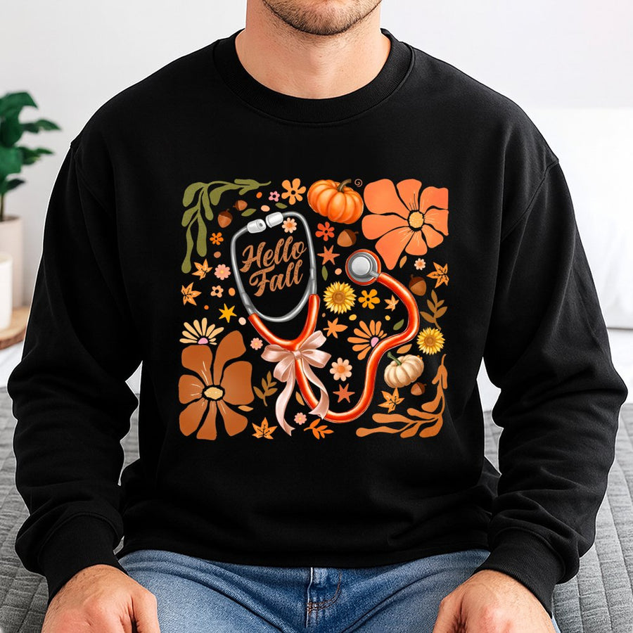 Hello Fall Stethoscope Sweatshirt | Boho Floral Nurse Autumn Aesthetic | Premium Cotton Blend | Nursing Student Gift & Medical Professional Apparel