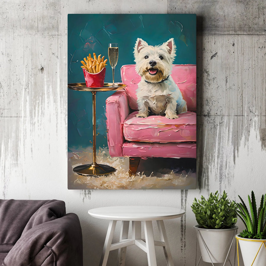 Westie Dog Wall Art | Impressionist West Highland Terrier With Champagne and Fries | Premium Gallery-Wrapped Canvas | Quirky Animal Home Decor Gift