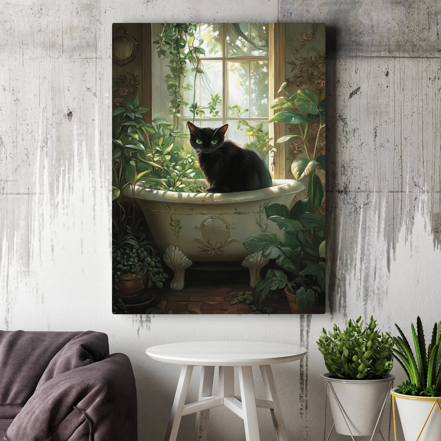 Black Cat in Clawfoot Bathtub Canvas | Whimsical Botanical Bathroom Wall Art | Premium Gallery Wrapped Print | Unique Gift for Cat Lovers