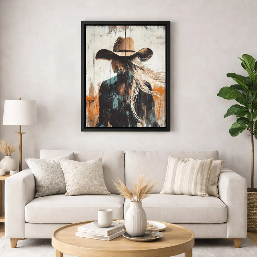 Cowgirl Wall Art Canvas | Abstract Western Portrait with Windy Hair | Premium Gallery Wrapped Print | Rustic Home Decor Gift for Her