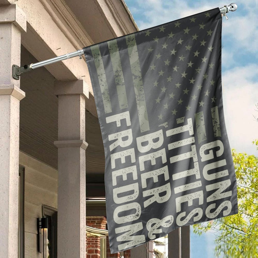 Guns, Titties, Beer & Freedom Flag | Tactical Camo 2nd Amendment Decor | Weather-Resistant Polyester | Man Cave & Outdoor Garden Gift