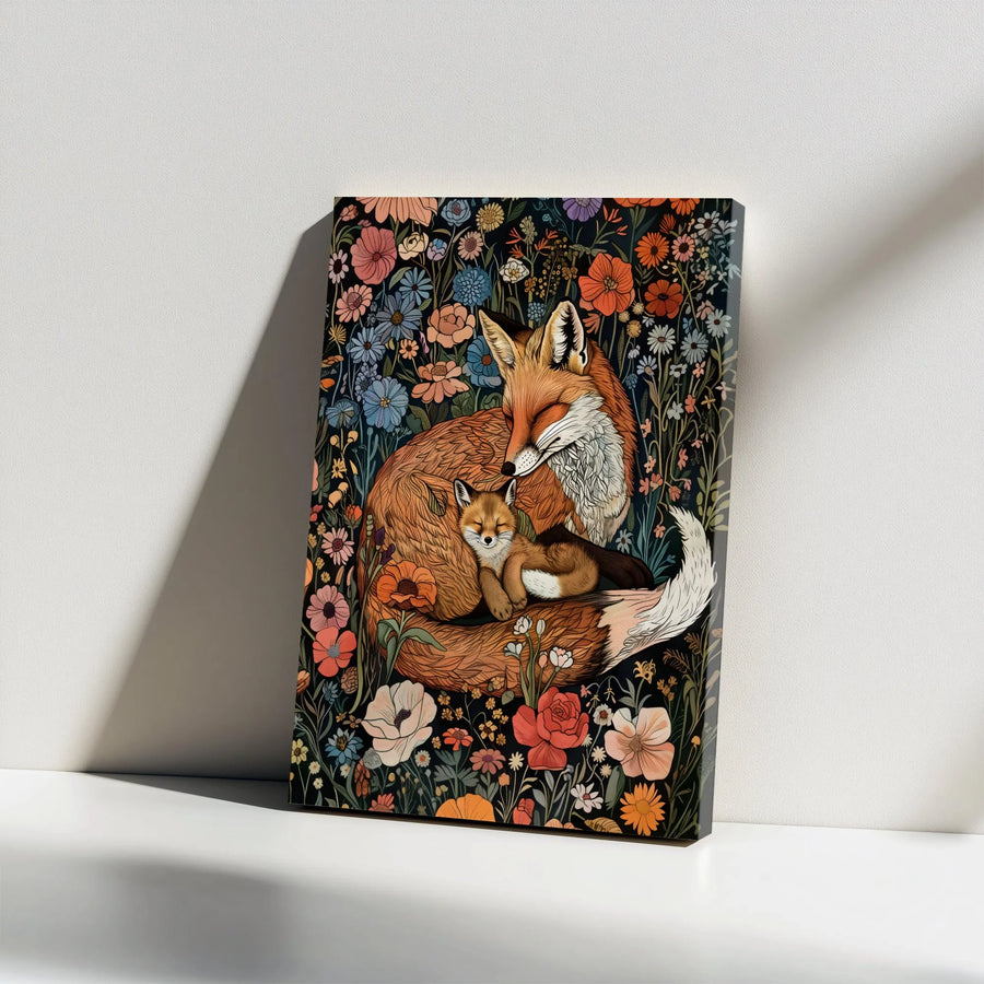 Sleeping Fox and Cub Canvas | Vintage Floral Woodland Illustration | Premium 1.25" Thick Gallery Wrap | Nursery Decor Gift for New Mom