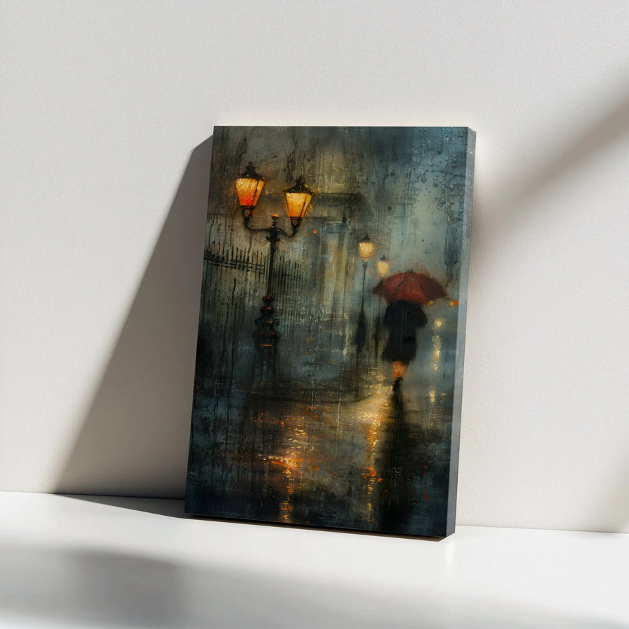 Rainy Night Cityscape Vertical Canvas | Abstract Woman with Red Umbrella Painting | Premium Frameless Wall Art | Moody Living Room Decor Gift
