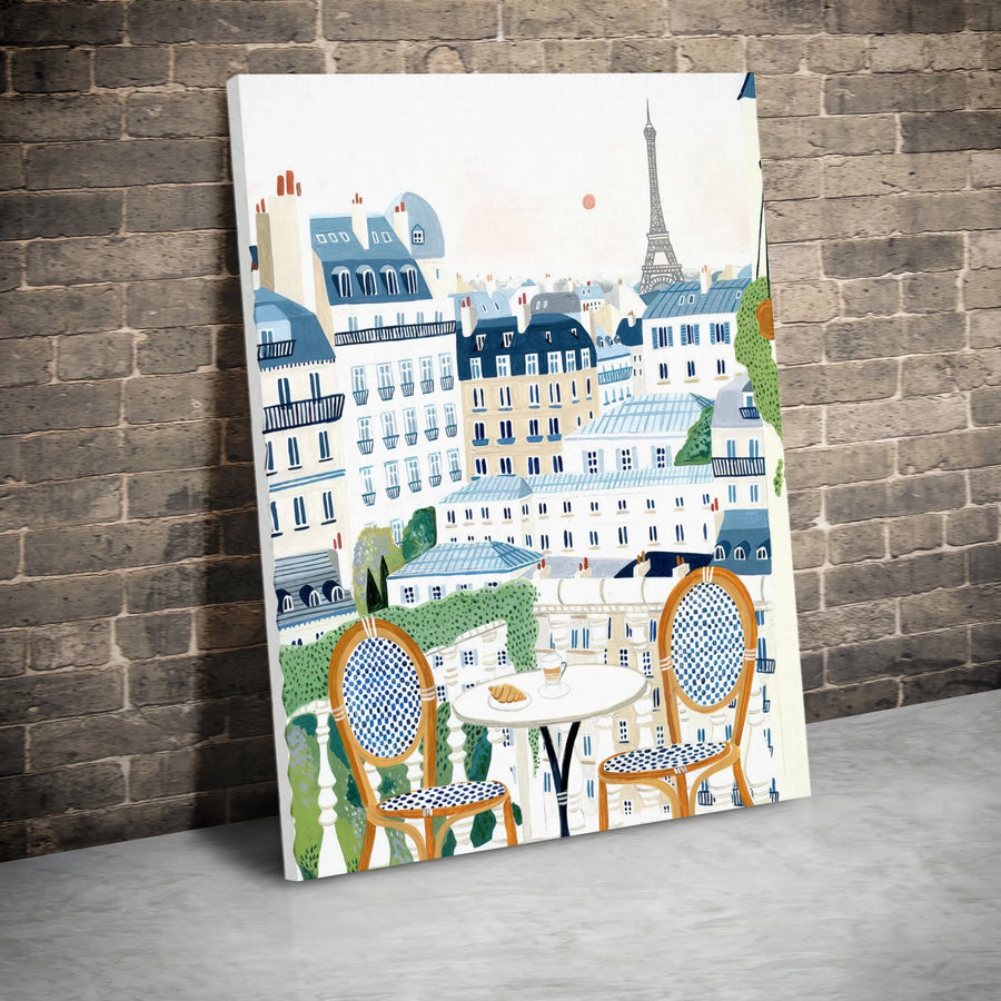 Parisian Cafe Canvas Art | Eiffel Tower Balcony View Print | Gallery Wrapped 1.25-inch Wood Frame | French Home Decor Gift