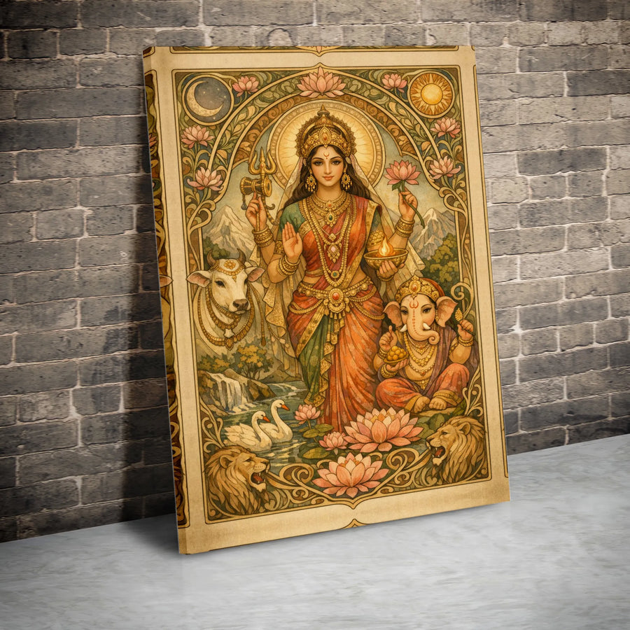 Lakshmi Ganesha Canvas Wall Art | Art Nouveau Style Hindu Gods Print | Premium Gallery Wrapped Canvas | Spiritual Gift for Meditation Room Decor