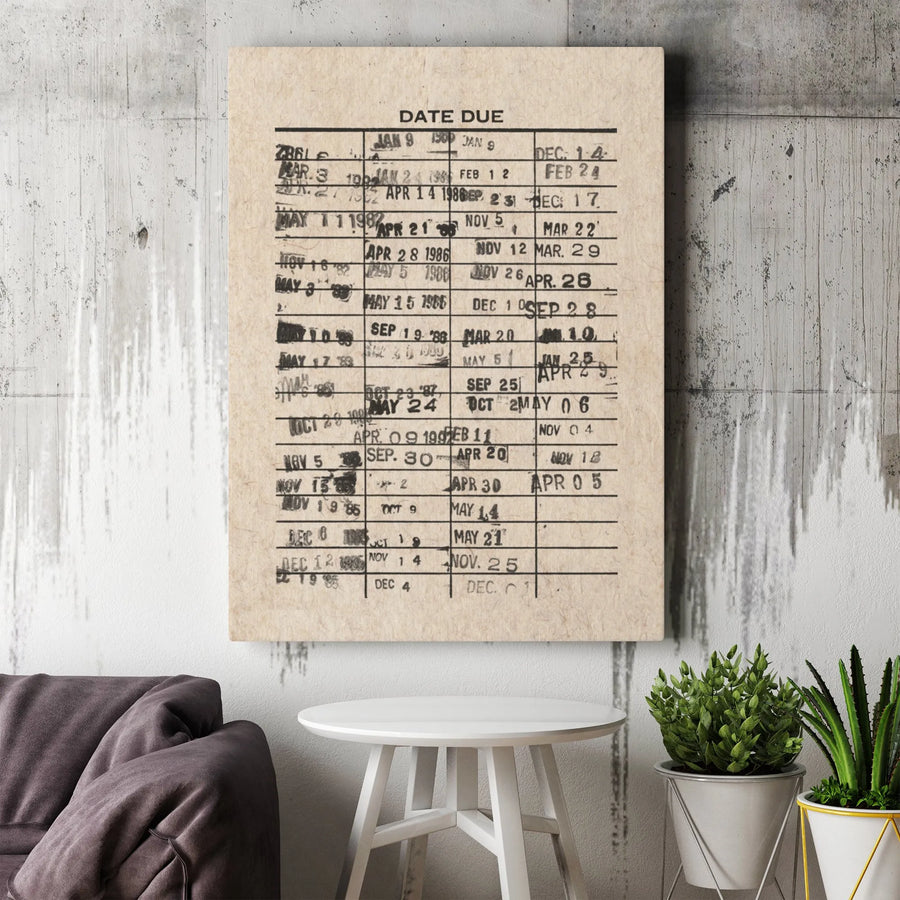 Vintage Library Card Canvas Print | Retro Date Due Card Wall Art | Gallery Quality 1.25" Thick Wrap | Literary Gift for Book Lovers