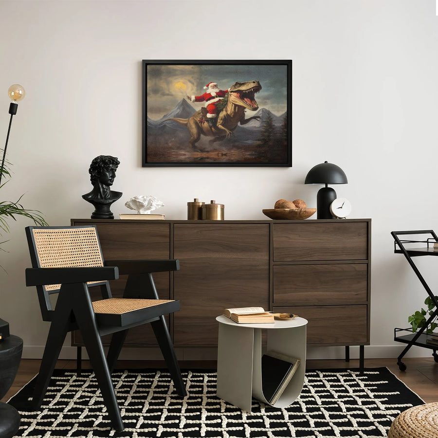 Santa Claus Riding T-Rex Canvas | Funny Dinosaur Christmas Wall Art | Premium Gallery Wrapped Print | Unique Holiday Home Decor Gift