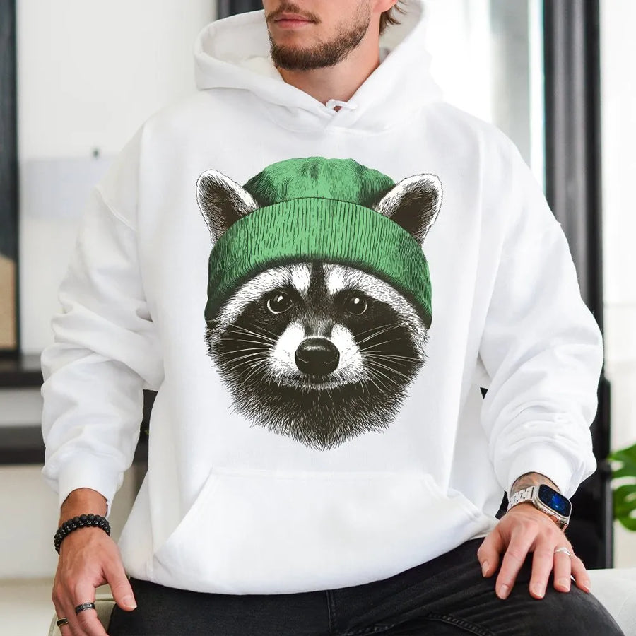 Raccoon Hoodie | Cute Animal Wearing Green Beanie Graphic | Premium Cotton Blend Streetwear | Unisex Funny Nature Lover Gift for Adults