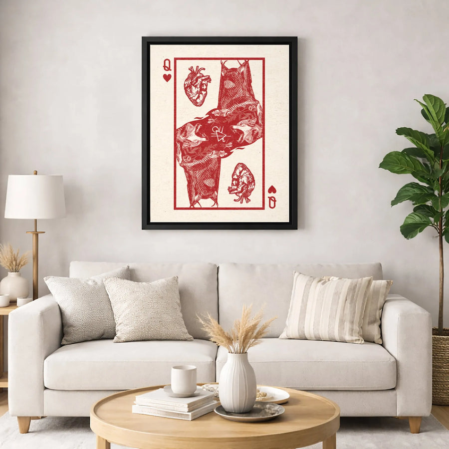 Queen of Hearts Playing Card Canvas | Gothic Wolf and Anatomical Heart Wall Art | Premium Gallery Wrapped Decor | Unique Dark Academia Gift