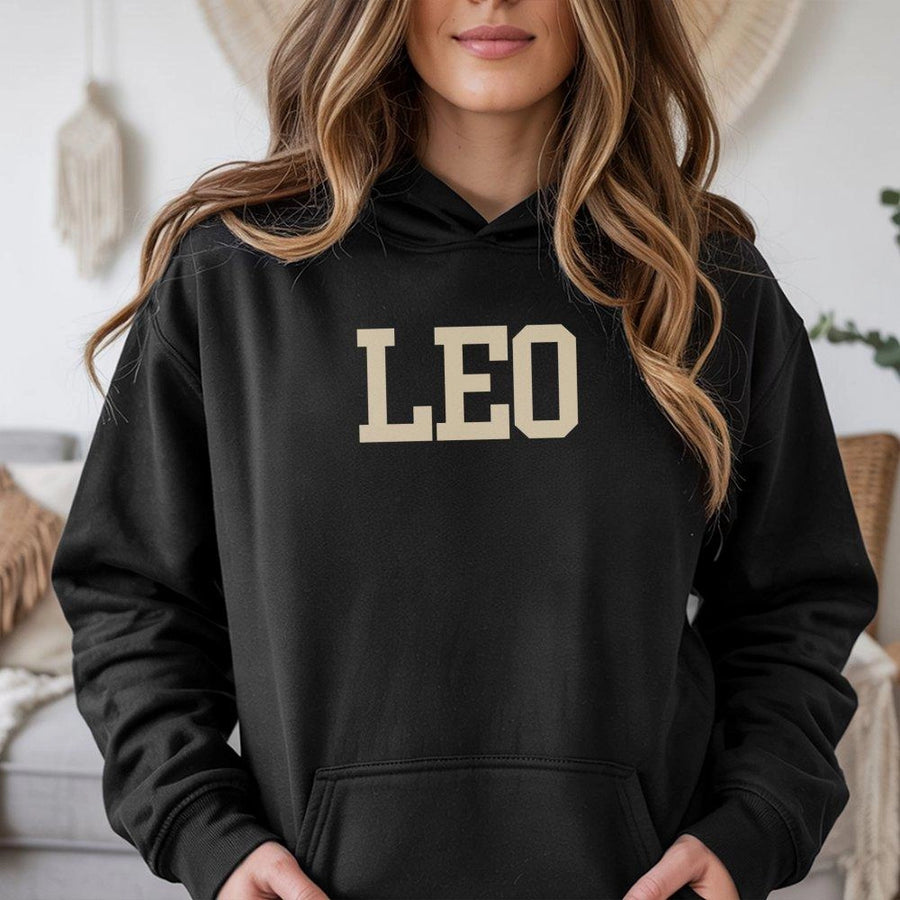 Leo Zodiac Hoodie | College Letter Varsity Font Graphic | Premium Cotton Blend Pullover | Birthday Gift For Astrology Lovers Men Women
