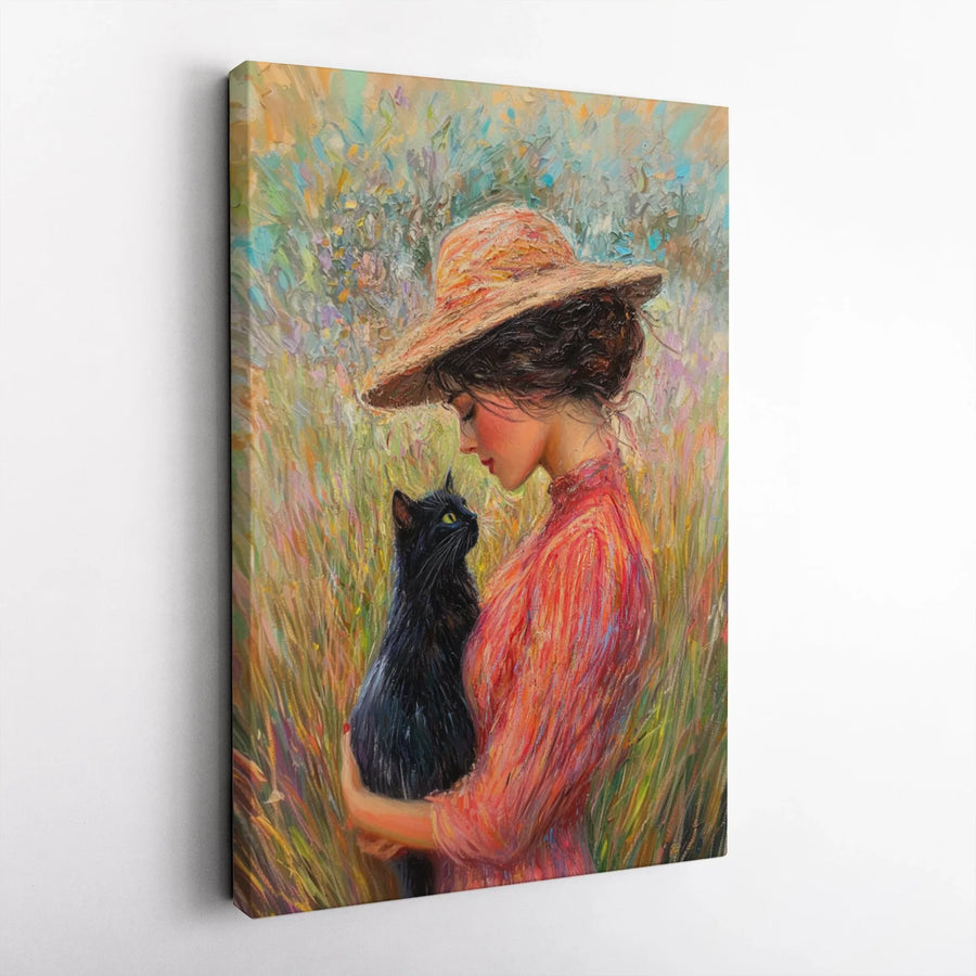 Impressionist Cat Wall Art | Woman Holding Black Cat Oil Painting Style | 1.25" Thick Premium Gallery Canvas | Aesthetic Decor Gift for Cat Lovers