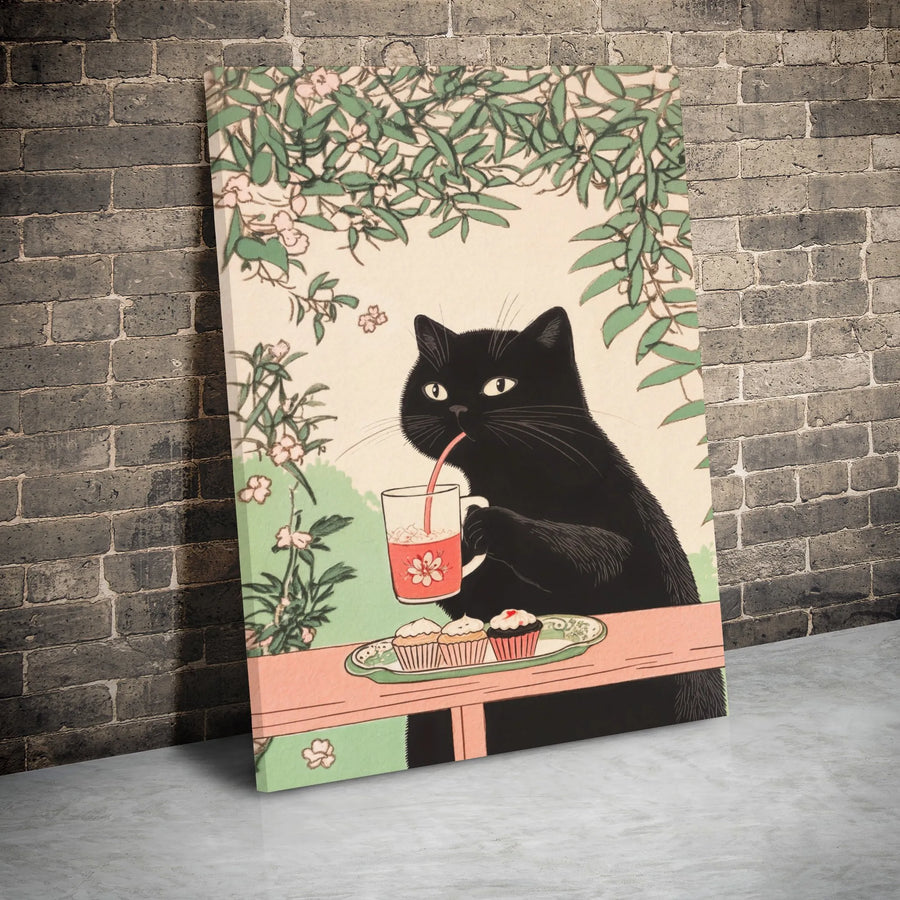 Black Cat Wall Art | Japanese Ukiyo-e Style Garden Tea Party | Premium Gallery Wrap Canvas | Whimsical Animal Lover Gift