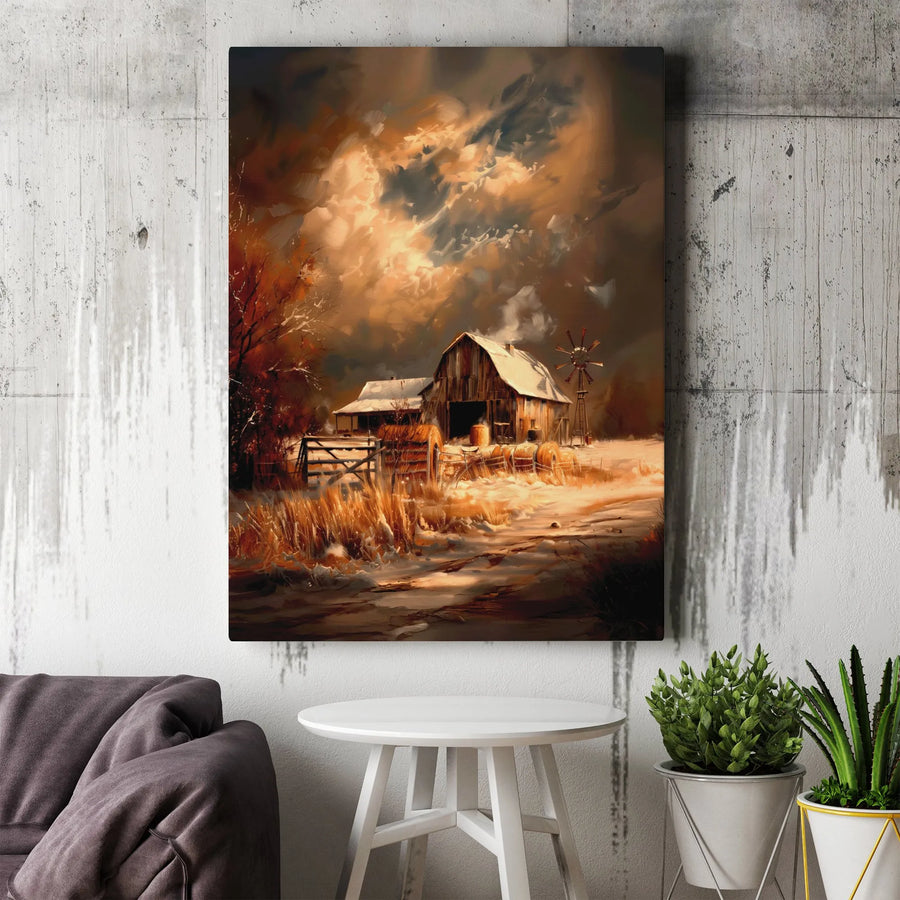 Rustic Barn Canvas Wall Art | Winter Farmhouse Landscape Painting | Premium Thick Gallery Wrap Canvas | Farmhouse Living Room Decor Gift