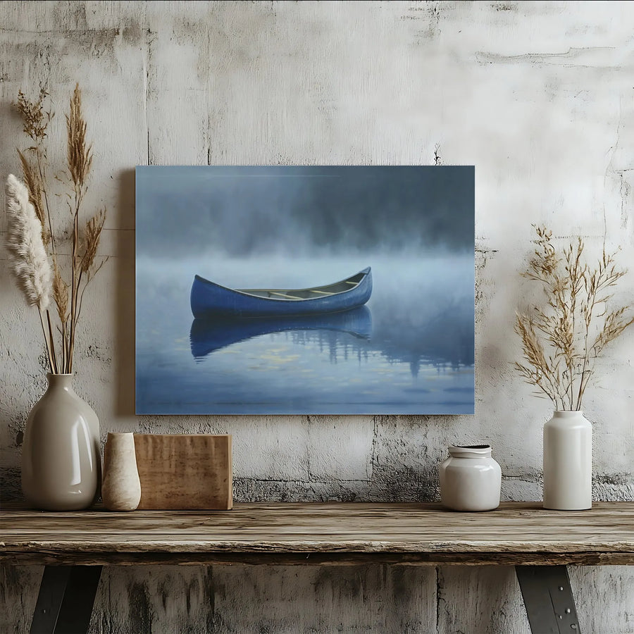 Misty Lake Canoe Canvas Print | Serene Blue Landscape Wall Art | Gallery Wrapped 1.25" Profile | Nature Lover Home Decor Gift