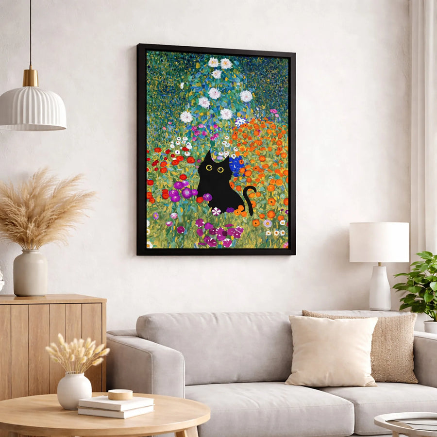 Black Cat Wall Art | Gustav Klimt Style Garden Painting | Premium 1.25-Inch Gallery Canvas | Whimsical Floral Cat Lover Gift