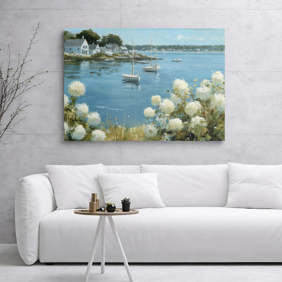 Coastal Harbor Wall Art | Sailboats and Hydrangea Garden Painting | Premium Gallery-Wrapped Canvas | Nautical Home Decor for Living Room