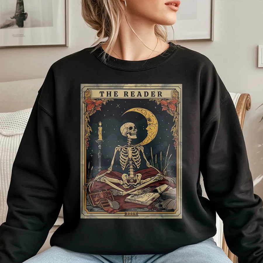 The Reader Tarot Card Shirt | Vintage Skeleton Reading Book Graphic | Premium Comfort Colors Tee | Gift for Book Lovers and Librarians