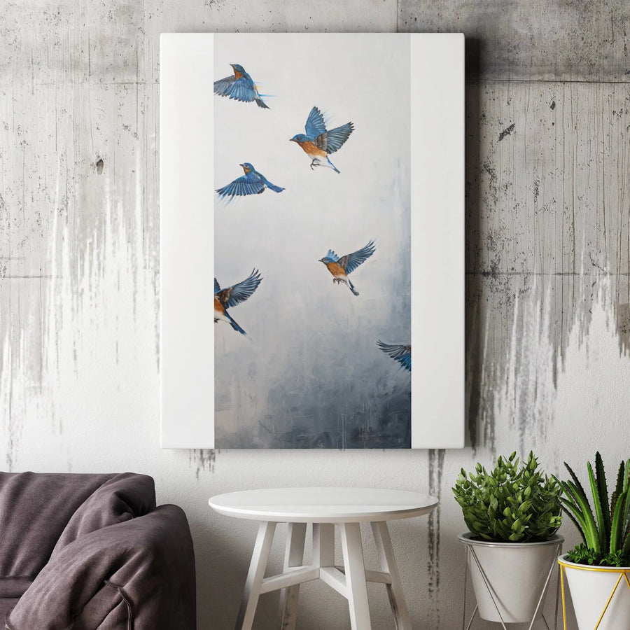 Flying Bluebirds Vertical Canvas | Painterly Flock of Birds Wall Art | Premium Thick Gallery Wrap | Nature Lover Gift & Modern Home Decor