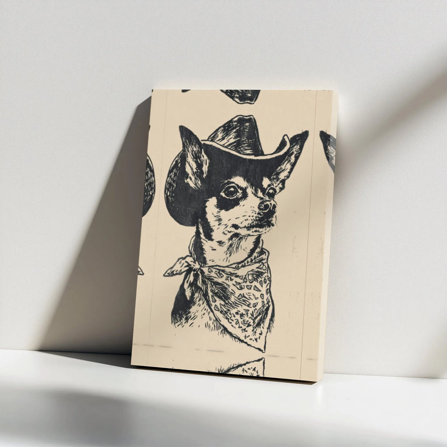 Cowboy Chihuahua Canvas Wall Art | Vintage Sketch Style Portrait | Premium Gallery Wrapped Canvas | Unique Gift for Dog Lover, Rustic Home Decor