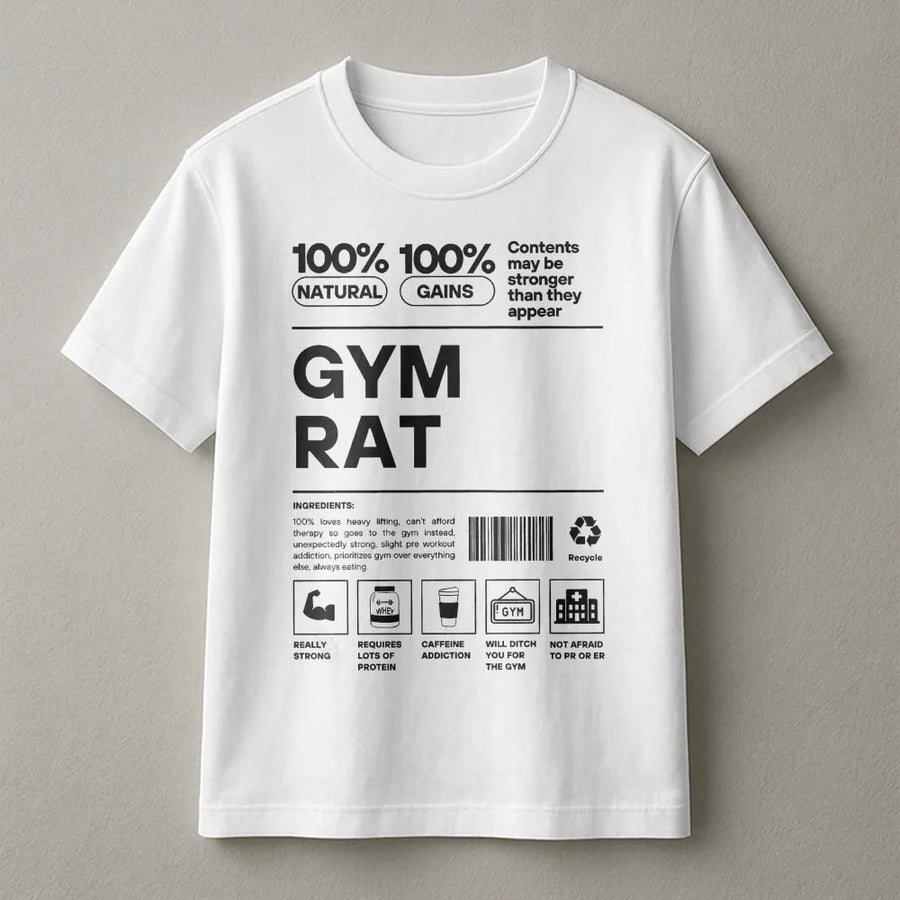Gym Rat T-Shirt | Funny Nutrition Facts Workout Design | Premium Cotton Blend | Gift for Bodybuilder or Weightlifter