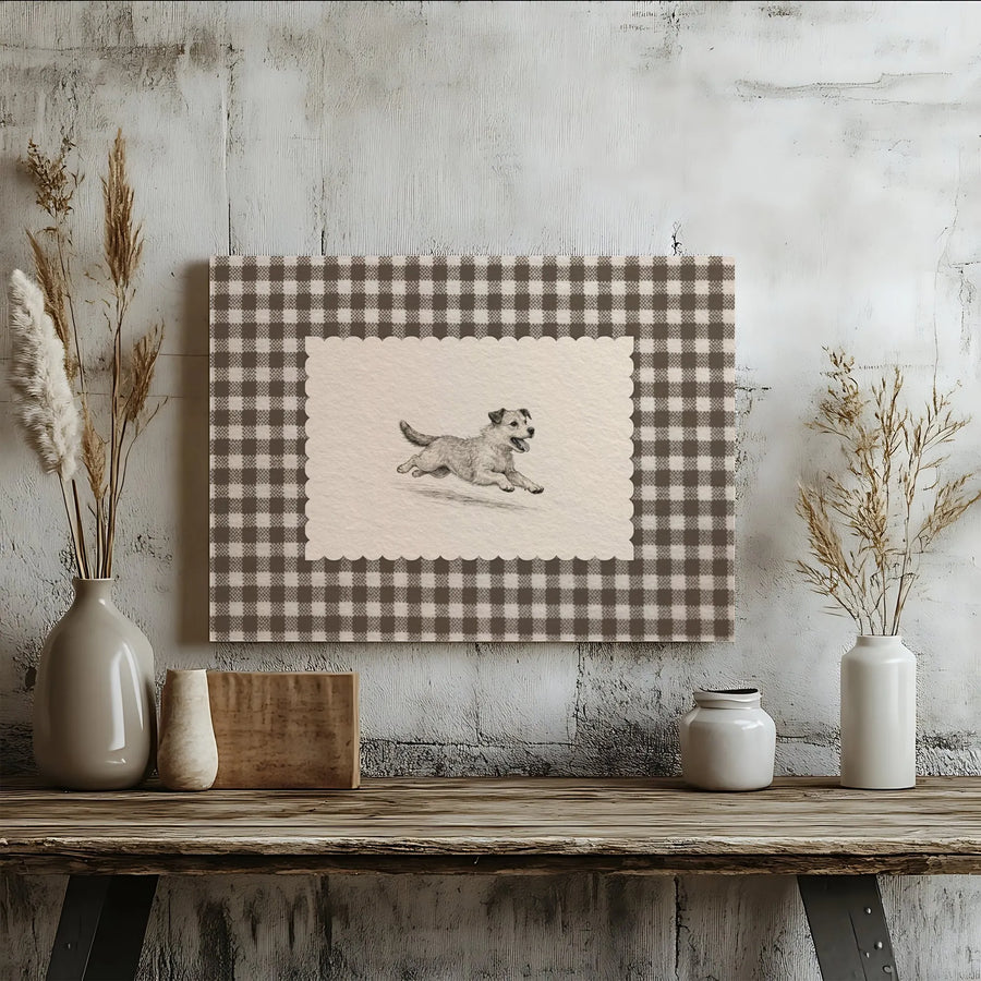 Farmhouse Dog Canvas Wall Art | Vintage Terrier Sketch with Gingham Pattern | Premium Gallery Wrapped Canvas | Gift for Dog Lover & Country Home Decor