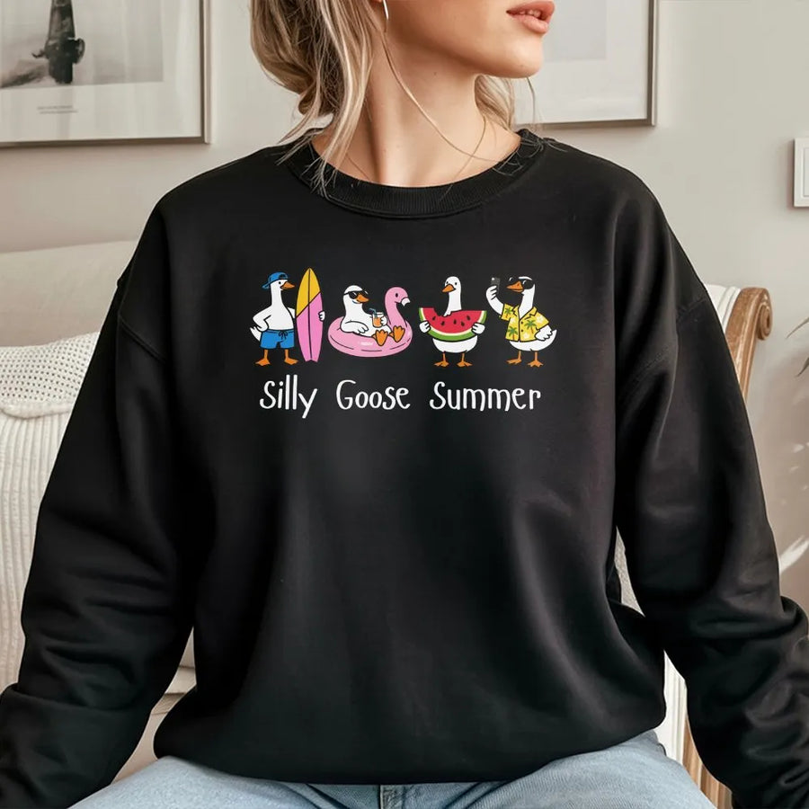 Silly Goose Summer Sweatshirt | Cute Cartoon Beach Geese Graphic | Soft Unisex Pullover | Funny Novelty Gift for Goose Lovers