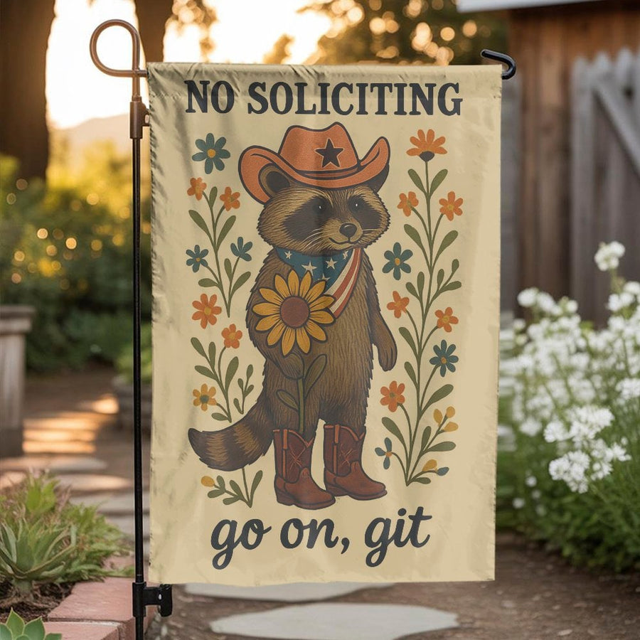 No Soliciting Cowboy Raccoon Garden Flag | Funny Country Western Yard Decor | Durable Weather-Resistant Polyester | Unique Farmhouse Porch Gift