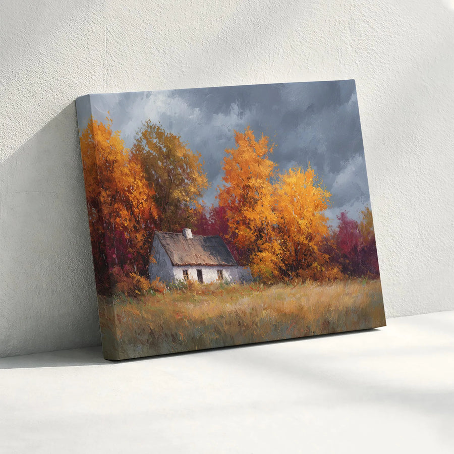 Autumn Landscape Horizontal Canvas | Cozy Rustic Cottage & Golden Fall Trees Art | Premium 1.25 Inch Gallery Wrap | Warm Farmhouse Wall Decor Gift