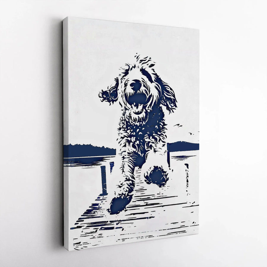 Doodle Dog Wall Art | Running On Dock Silhouette Graphic | Premium Gallery-Wrapped Canvas Print | Modern Pet Lover Home Decor Gift