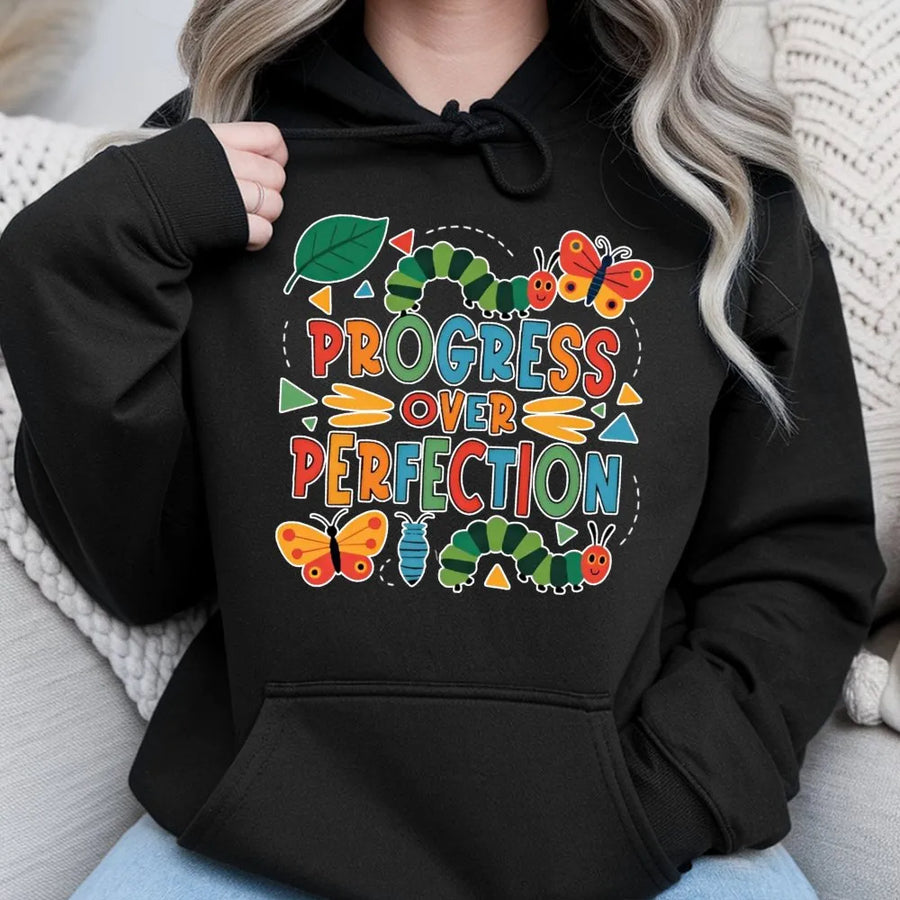 Progress Over Perfection Hoodie | Educational Growth Quote | Premium Cotton Blend | Mental Health Awareness Gift for Teachers & Educators