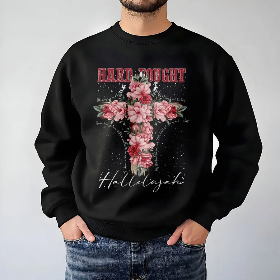 Hard Fought Hallelujah Sweatshirt | Floral Cross Graphic Design | Premium Cotton Blend | Christian Religious Gift for Women