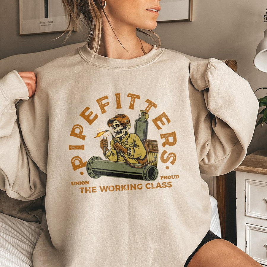 Pipefitter Sweatshirt | Skeleton Welder Design | Premium Cotton Blend | Union Proud Working Class Gift for Plumbers and Tradesmen