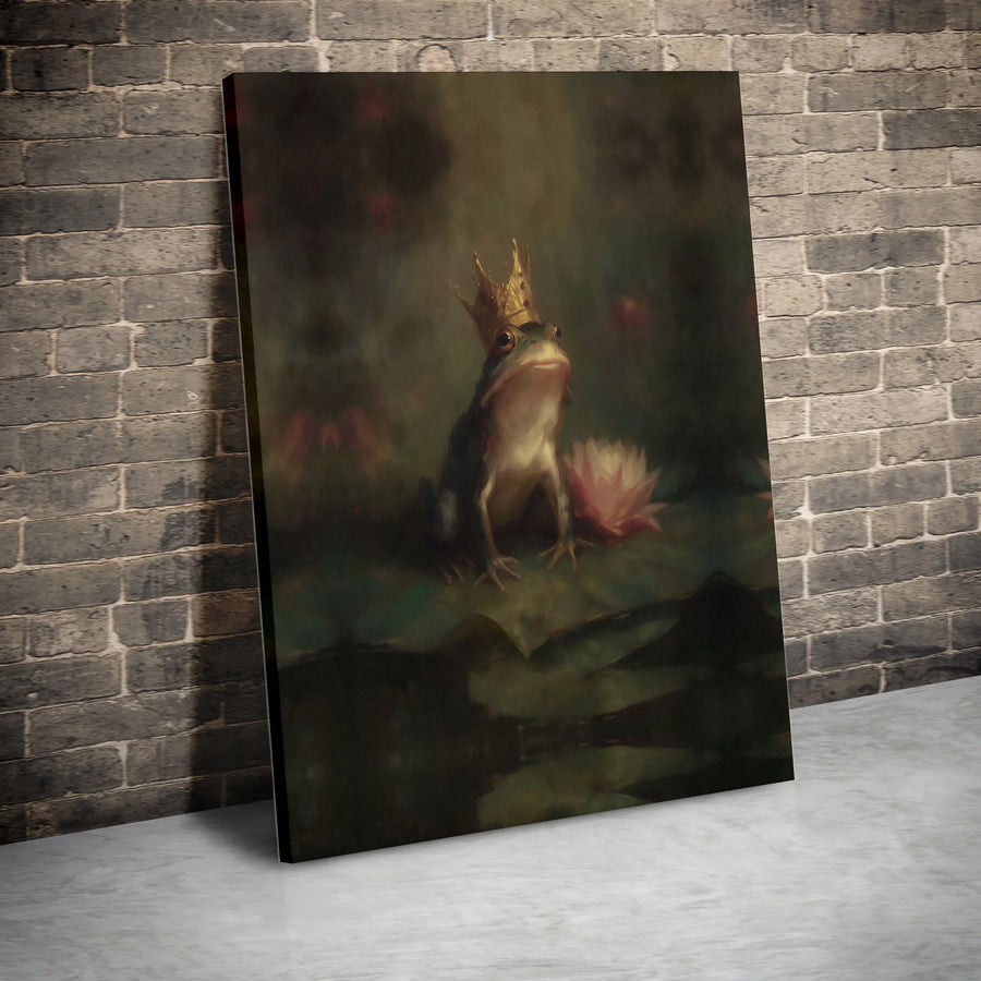 Frog Prince Canvas Wall Art | Crowned Frog on Lily Pad Painting | Premium Gallery Wrapped Print | Unique Dark Academia Home Decor Gift