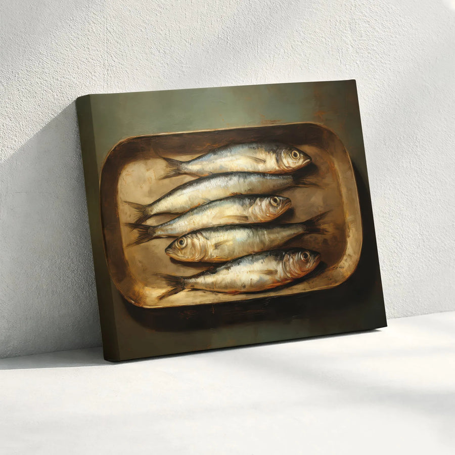 Sardine Canvas Wall Art | Rustic Still Life Fish Painting | Premium Gallery Wrap Canvas | Kitchen & Dining Room Decor Gift