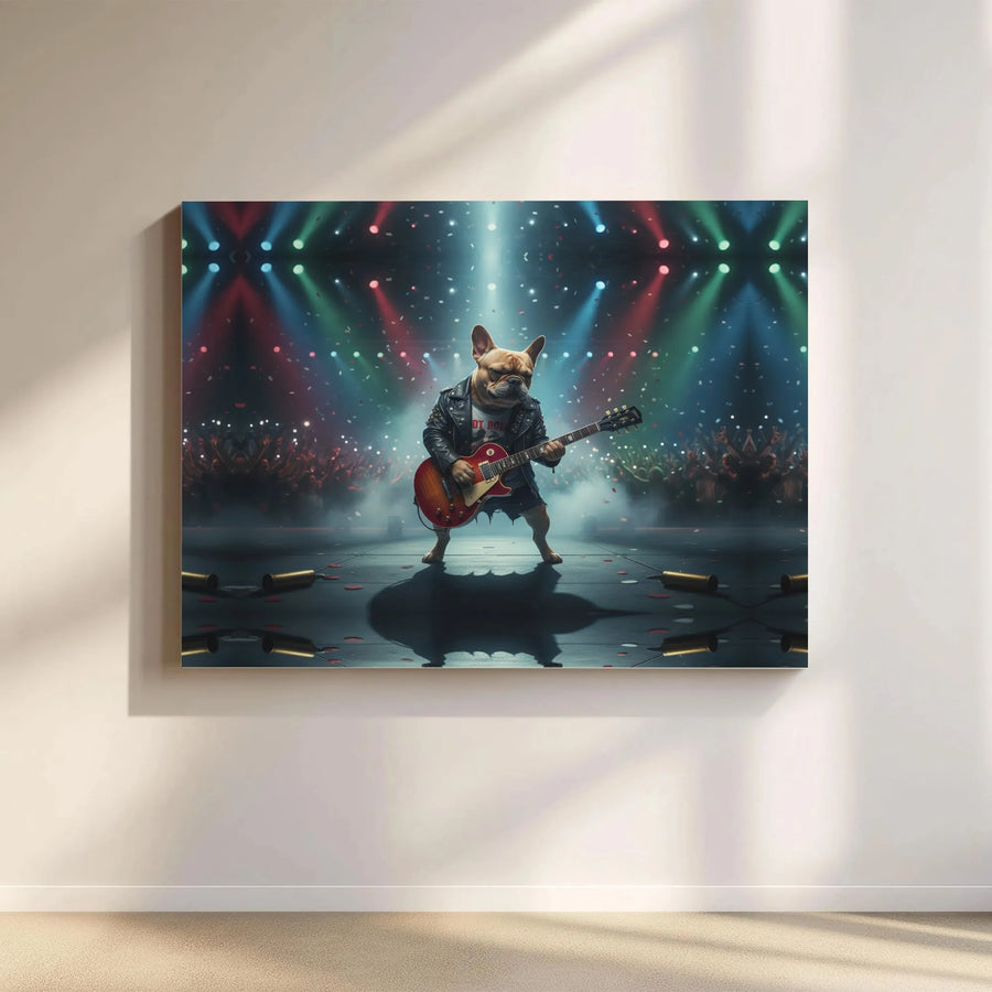 French Bulldog Rockstar Canvas Wall Art | Funny Guitarist Dog Concert Scene | Premium Gallery Quality Print | Gift for Frenchie Owner & Musician