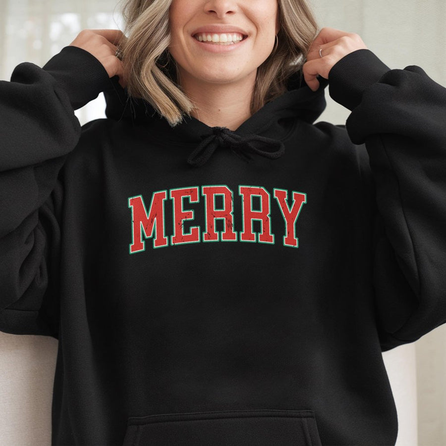 Merry Christmas Hoodie | Retro Varsity Text Holiday Sweatshirt | Premium Cotton Blend | Unisex Festive Winter Gift For Men And Women