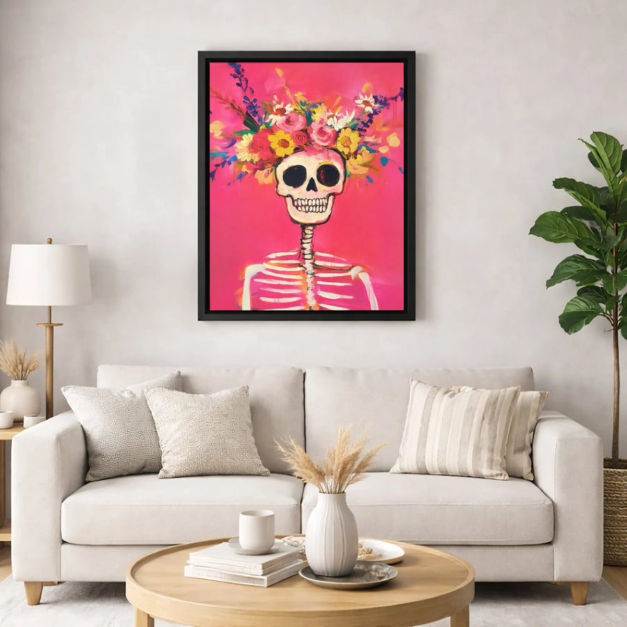 Sugar Skull Canvas Wall Art | Colorful Floral Crown Dia De Los Muertos Decor | Gallery Quality 1.25 Inch Profile | Unique Home Office Gift